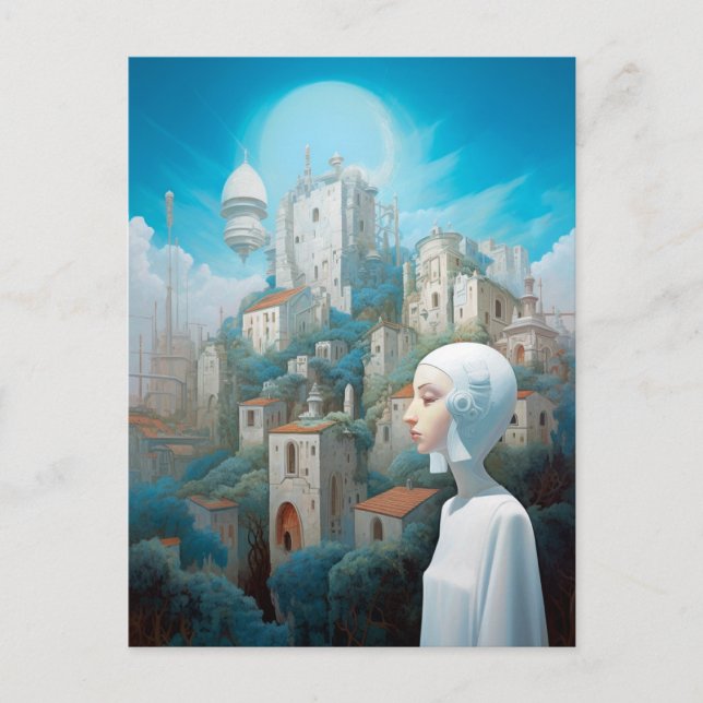 Cartão Postal Arte de Ficção Científica de Cidade Futurista (Frente)