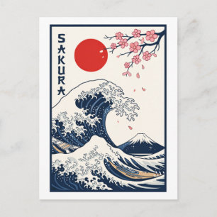 Cartão Postal Arte de Flor de Cerejeira da Grande Onda Japonesa