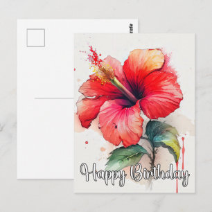 Cartão Postal Arte de Flor de Hibisco Vermelha Linda