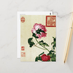 Cartão Postal Arte de Flor de Peônia Rosa Chinesa Vintage