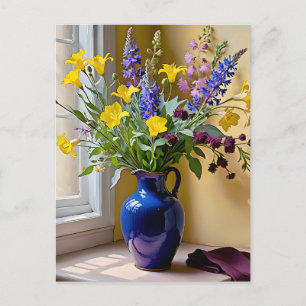 Cartão Postal Arte de Flores Azuis Amarelas Roxas
