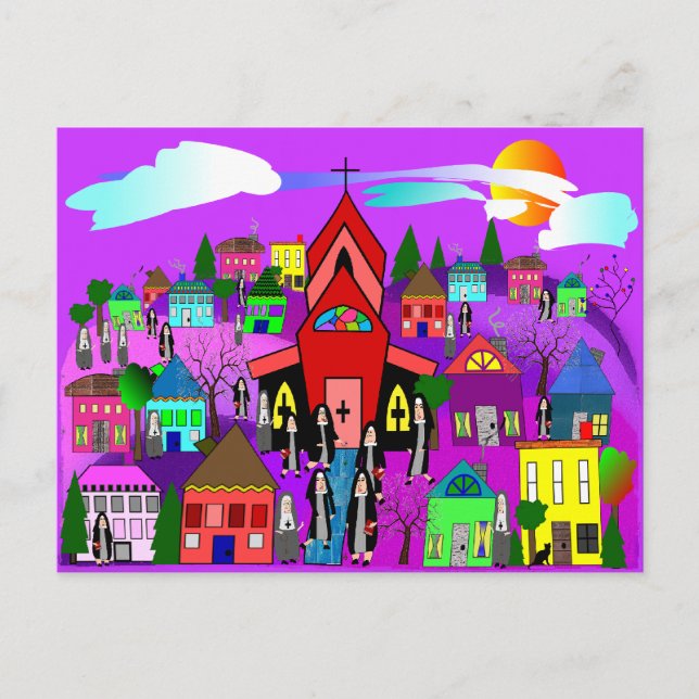 Cartão Postal Arte de freiras católicas "Indo à Igreja" (Frente)