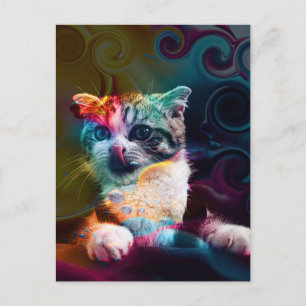 CARTÃO POSTAL ARTE DE GATO COLORIDA E DIVERTIDA