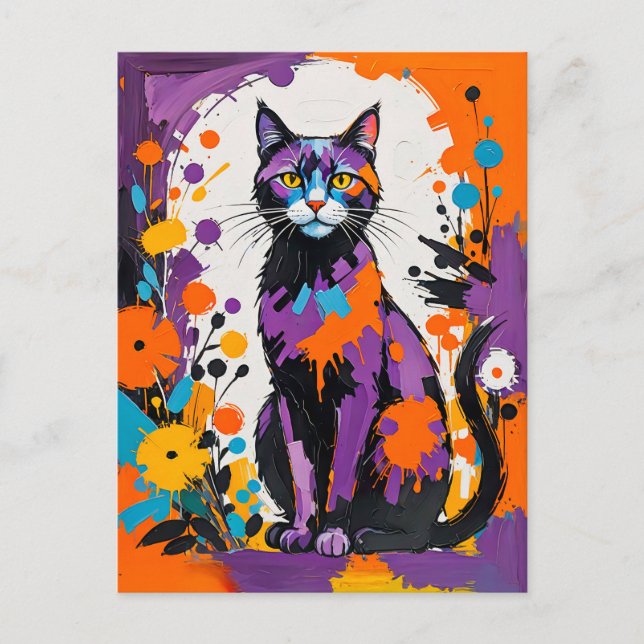 Cartão Postal Arte de Gato Cubista Negrito Colorida (Frente)