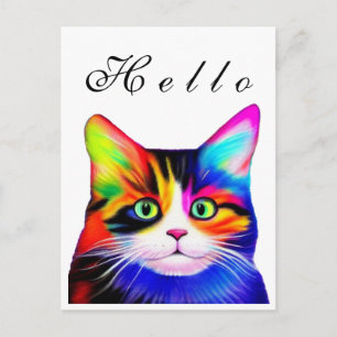 Cartão Postal Arte de Gato Olá Listrado Multicolorido Arco-íris 