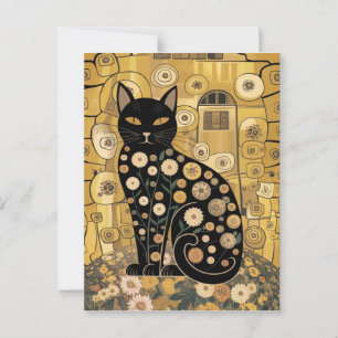 Cartão Postal Arte de Gato Preto Decorativo Dourado no Estilo de