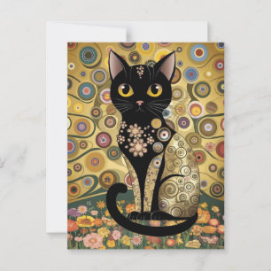 Cartão Postal Arte de Gato Preto Decorativo Dourado no Estilo de
