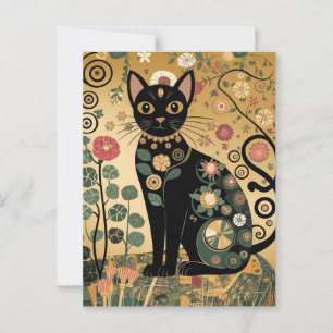 Cartão Postal Arte de Gato Preto Decorativo Dourado no Estilo de