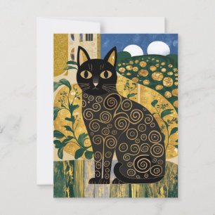 Cartão Postal Arte de Gato Preto Decorativo Dourado no Estilo de