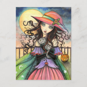 Cartão Postal Arte de Gato Tabby Bruxa dos Ventos de Halloween