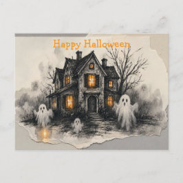 Cartão Postal “Arte de Halloween com Brilho de Fantasma em Casa