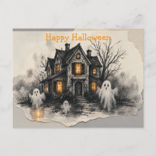 Cartão Postal “Arte de Halloween com Brilho de Fantasma em Casa