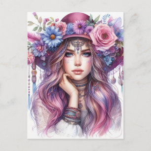 Cartão Postal Arte de IA Boho Girl Moda Boêmia