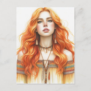 Cartão Postal Arte de IA Boho Girl Moda Boêmia