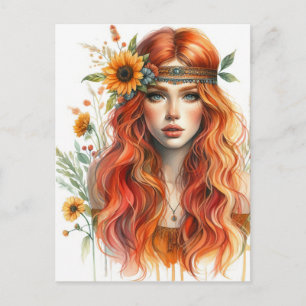 Cartão Postal Arte de IA Boho Girl Moda Boêmia