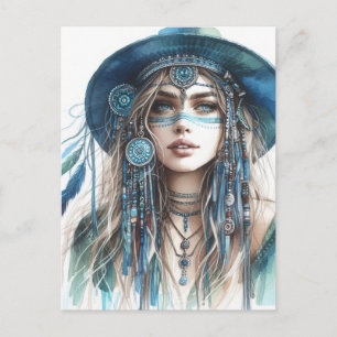 Cartão Postal Arte de IA Boho Girl Moda Boêmia