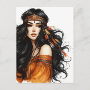 Cartão Postal Arte de IA Boho Girl Moda Boêmia