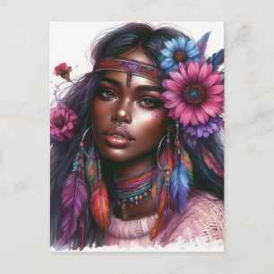 Cartão Postal Arte de IA Boho Girl Moda Boêmia