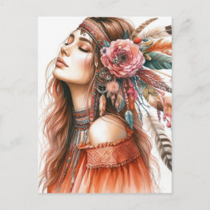 Cartão Postal Arte de IA Boho Girl Moda Boêmia