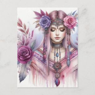 Cartão Postal Arte de IA Boho Girl Moda Boêmia
