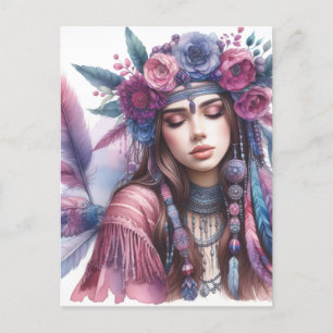 Cartão Postal Arte de IA Boho Girl Moda Boêmia