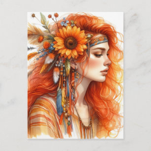 Cartão Postal Arte de IA Boho Girl Moda Boêmia