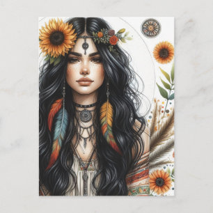 Cartão Postal Arte de IA Boho Girl Moda Boêmia