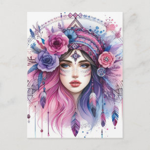 Cartão Postal Arte de IA Boho Girl Moda Boêmia