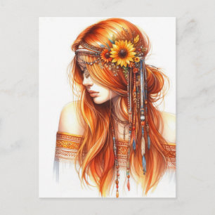 Cartão Postal Arte de IA Boho Girl Moda Boêmia