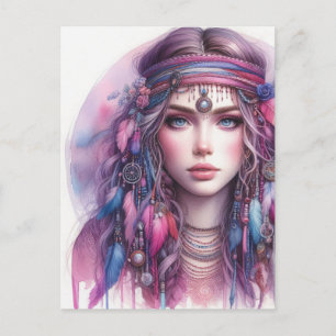 Cartão Postal Arte de IA Boho Girl Moda Boêmia