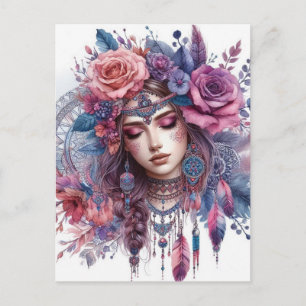 Cartão Postal Arte de IA Boho Girl Moda Boêmia