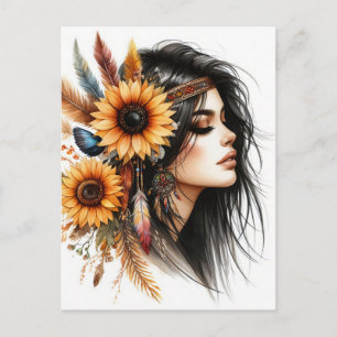 Cartão Postal Arte de IA Boho Girl Moda Boêmia