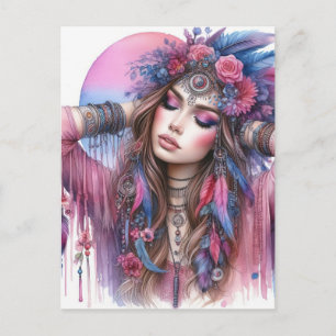 Cartão Postal Arte de IA Boho Girl Moda Boêmia