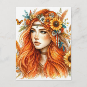 Cartão Postal Arte de IA Boho Girl Moda Boêmia