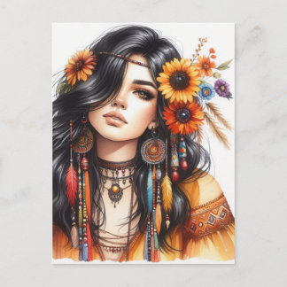 Cartão Postal Arte de IA Boho Girl Moda Boêmia