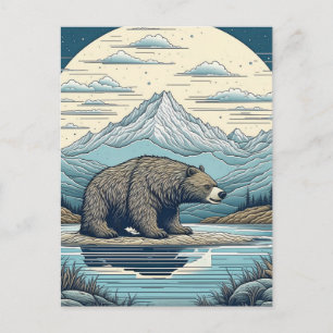 Cartão Postal Arte de IA de Urso, Montanhas, Lago, Lua Cheia