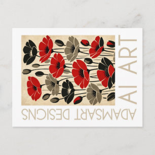Cartão Postal Arte de IA Floral Papoula Vermelha Vintage