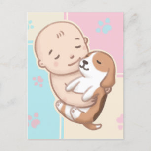 Cartão Postal Arte de Ilustração de Cachorro Fofo e Bebê