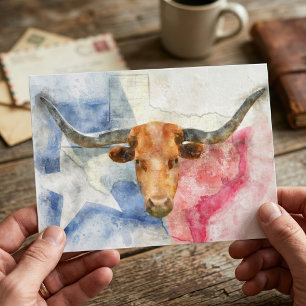Cartão Postal Arte de Impressão em Aquarela de Vaca Texas Longho