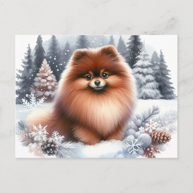 Cartão Postal Arte De Inverno Cujo Castanho Pomeraniana (Frente)