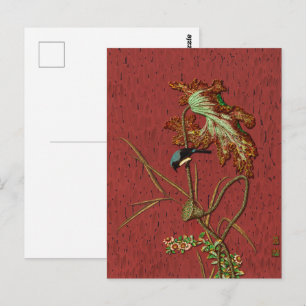 Cartão Postal Arte de Lótus de Pássaro Japonês Vermelho Antigo G