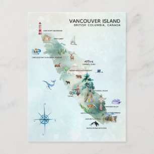 Cartão Postal Arte de Mapa da Ilha de Vancouver em Aquarela