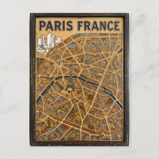 Cartão Postal Arte de Mapa de Esmalte Pintado à Mão Paris França