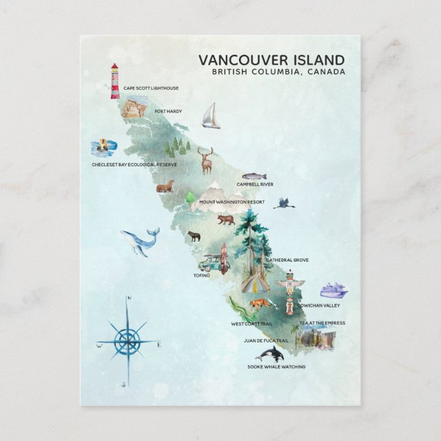 Cartão Postal Arte de Mapa de Ilhas de Vancouver Aquarela (Frente)