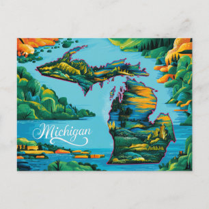Cartão Postal Arte de Mapa de Michigan Vibrante