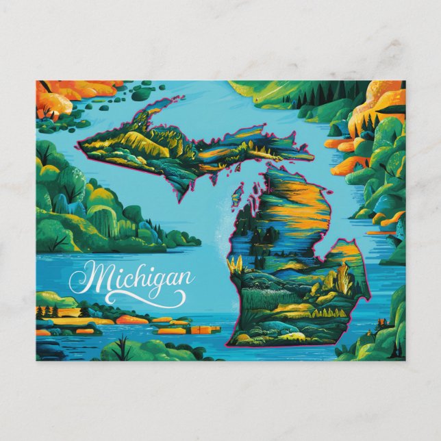 Cartão Postal Arte de Mapa de Michigan Vibrante (Frente)