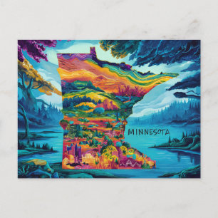 Cartão Postal Arte de Mapa de Minnesota Vibrante