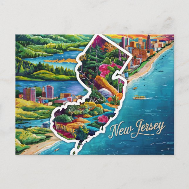 Cartão Postal Arte de Mapa Vibrante de Nova Jersey (Frente)