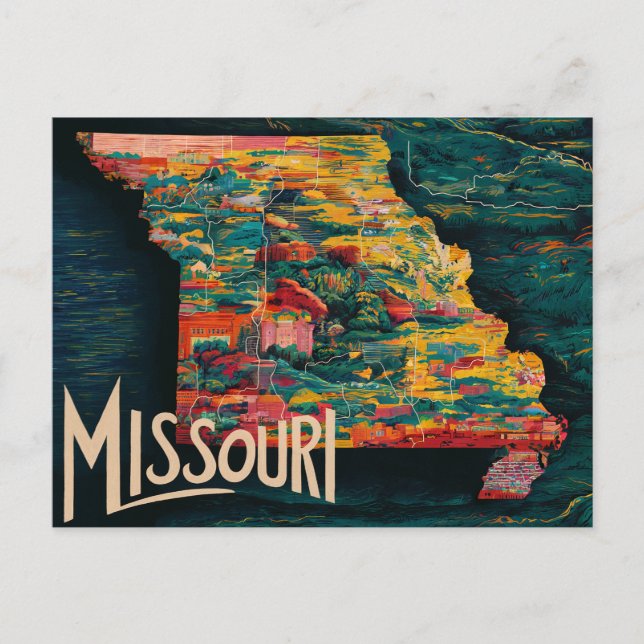 Cartão Postal Arte de Mapa Vibrante do Missouri (Frente)