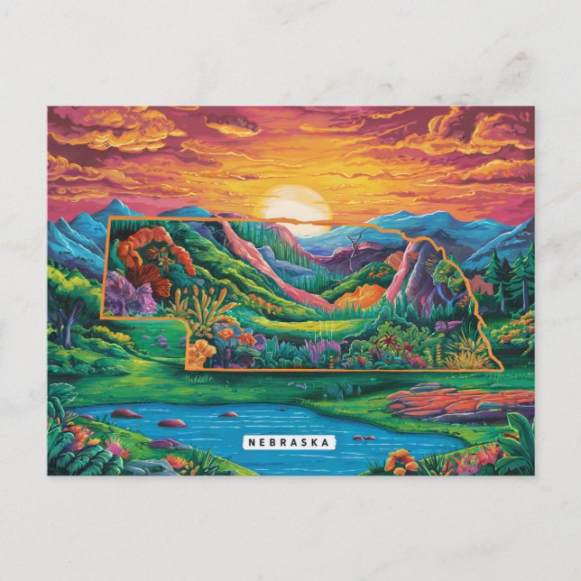 Cartão Postal Arte de Mapa Vibrante do Nebraska (Frente)